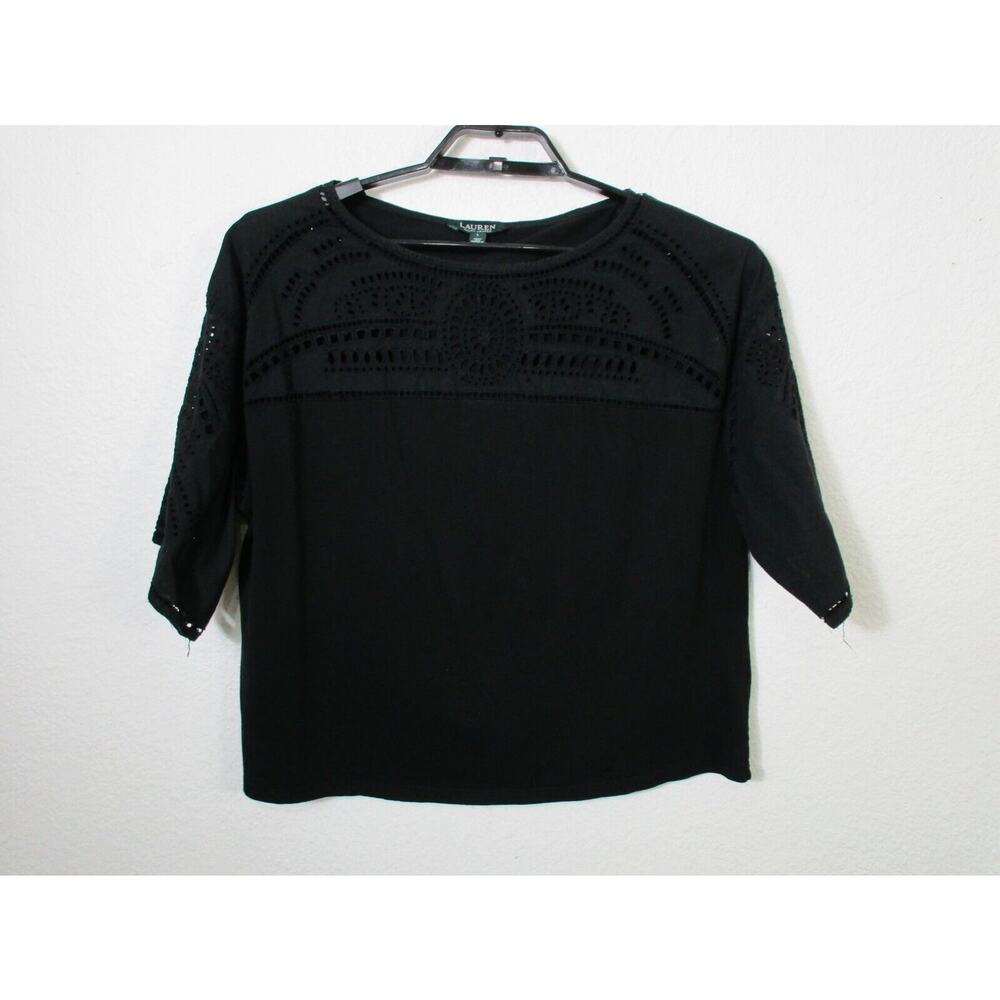 Lauren Ralph Lauren Top Womens Size L Black Cutouts Short Sleeve Cotton‎ Blend